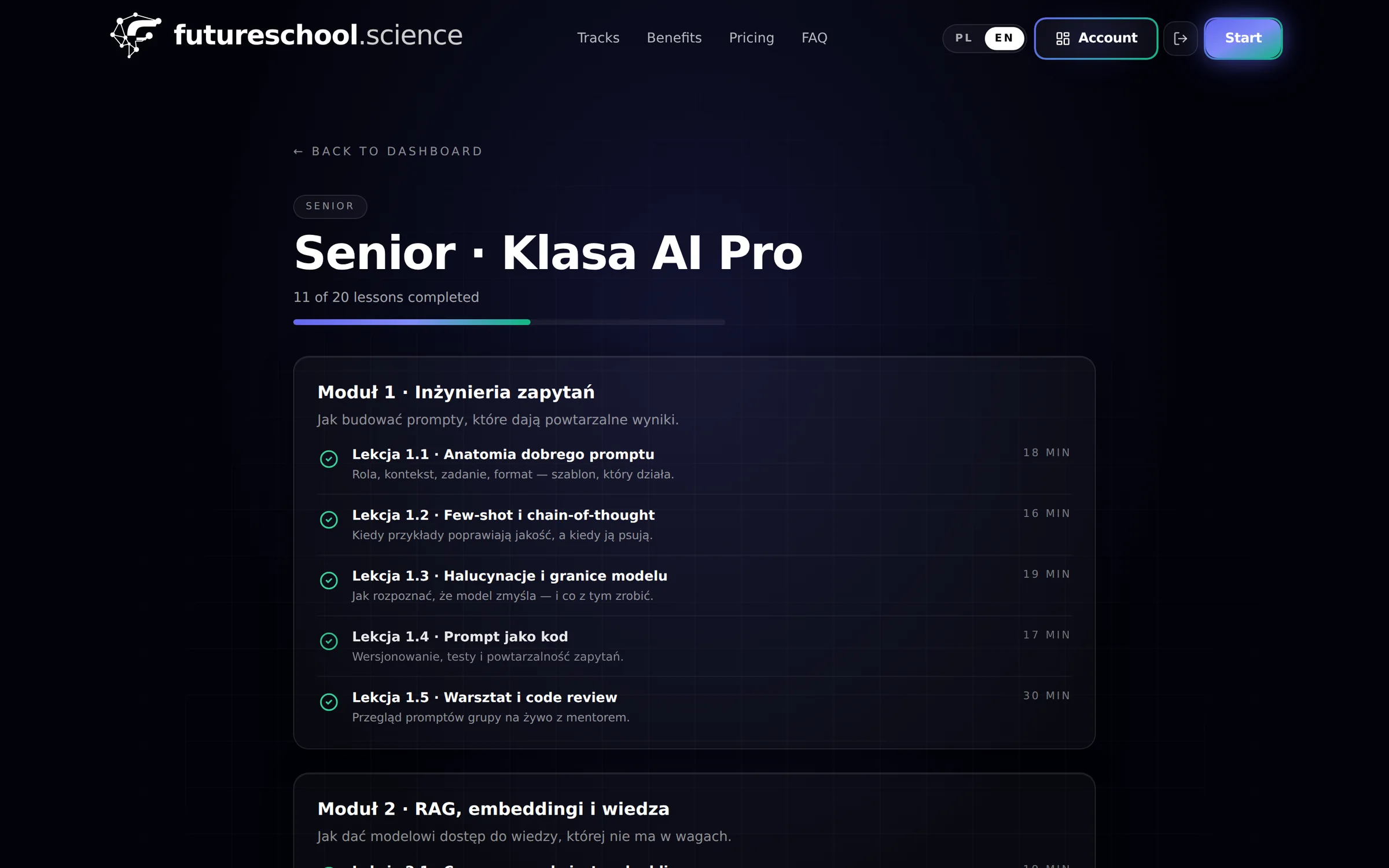The Senior · AI Class Pro course outline in Future School — an “11 of 20 lessons completed” progress bar above modules with ticked-off lessons and durations